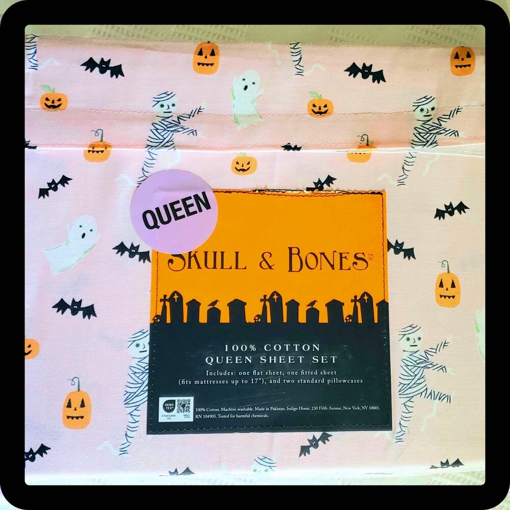 Halloween Queen 100% Cotton Sheet Set NWT Pink Ghost Mummy Pumpkin Bat